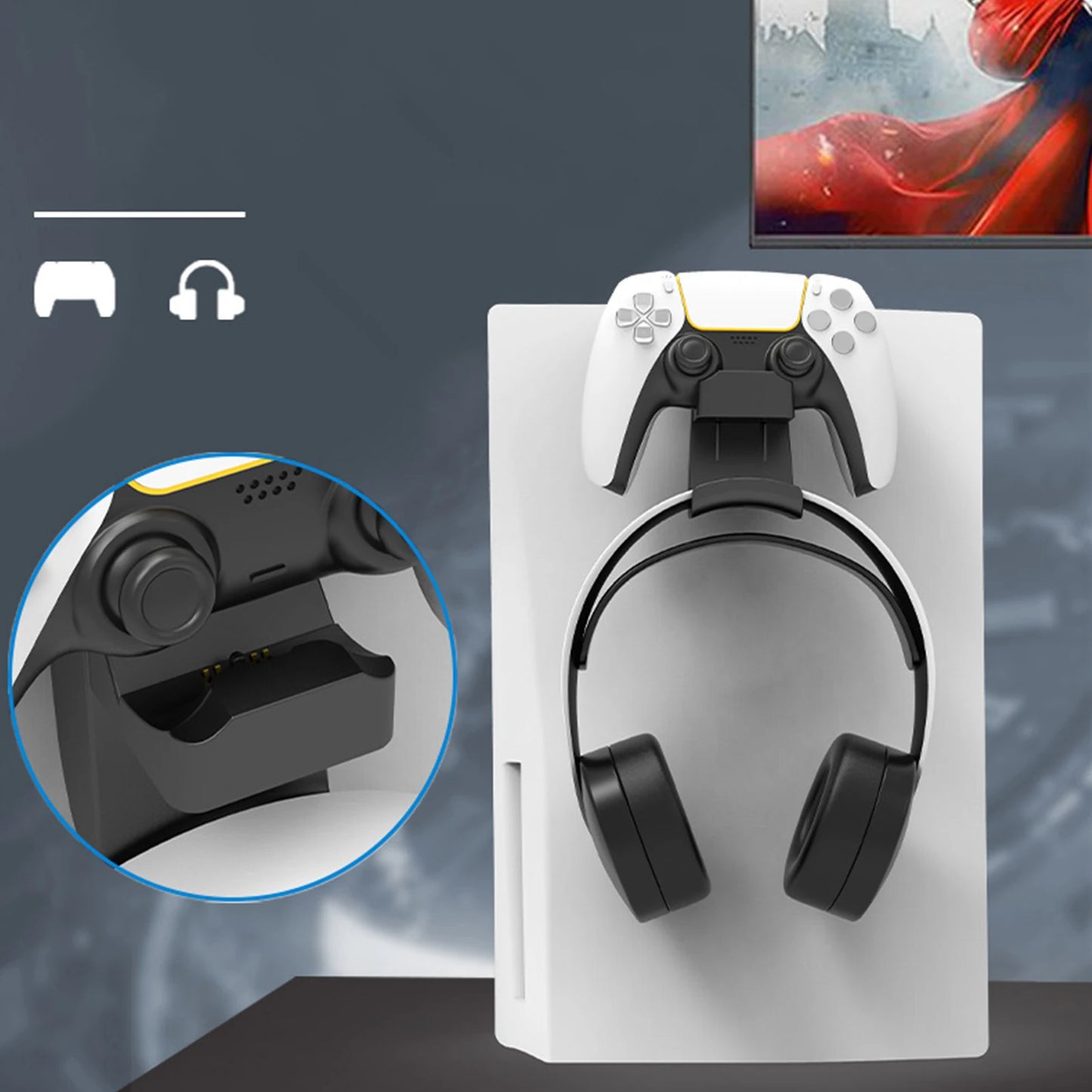 2 in 1 PS5 Controller Charger with Headphone Holder Smart Charging Dock Station for PS5 Controller